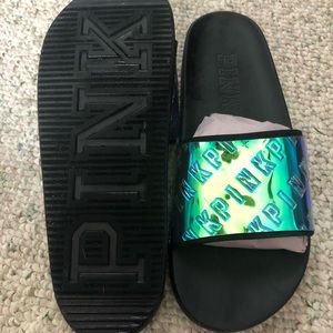Never worn PINK iridescent slides